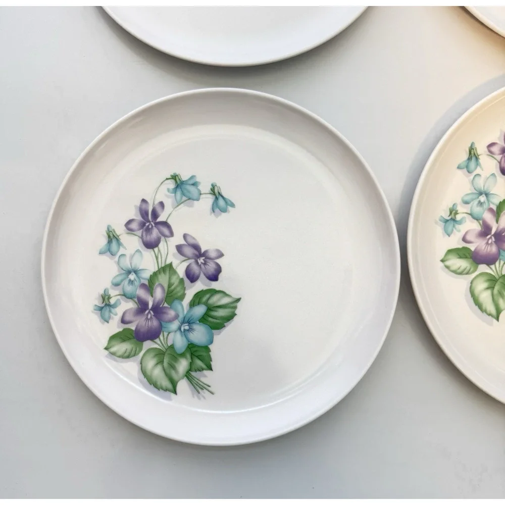 Set of 6 Royalon Melmac Violet Corsage Purple Floral Dinner Plates 9.5